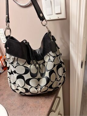 Coach Black and Cream Signature Canvas Y2K Shoulder Bag with long Strap